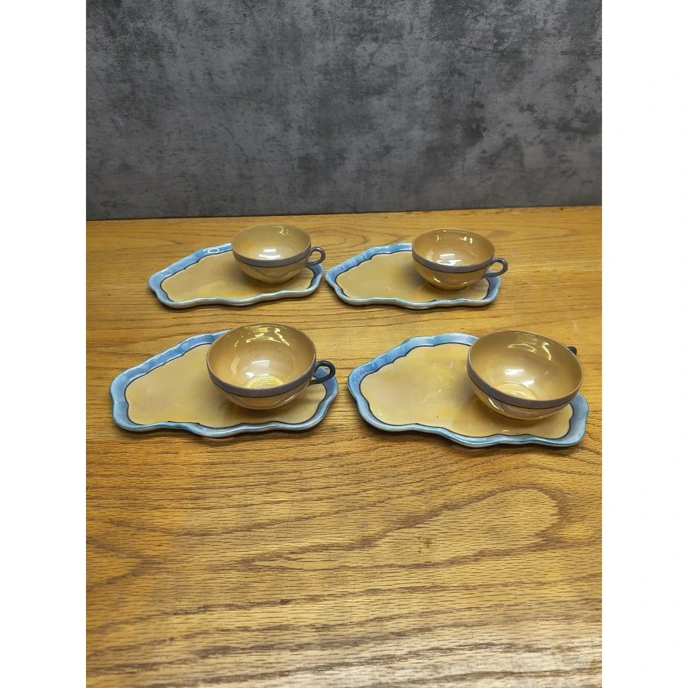 Set‎ of 4 Japan Lusterware Snack Sets - Blue & Peach Tea Cups & Snack Plates